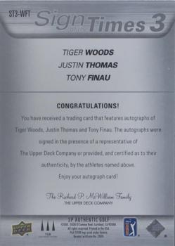 2021 SP Authentic - Sign of the Times 3 #ST3-WFT Tiger Woods / Justin Thomas / Tony Finau Back