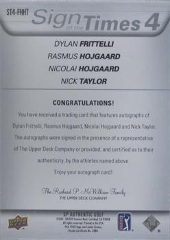 2021 SP Authentic - Sign of the Times 4 #ST4-FHHT Dylan Frittelli / Rasmus Hojgaard / Nicolai Hojgaard / Nick Taylor Back