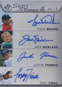 2021 SP Authentic - Sign of the Times 4 #ST4-WNTF Tiger Woods / Jack Nicklaus / Justin Thomas / Tony Finau Front
