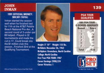 1992 Pro Set PGA Tour #139 John Inman Back