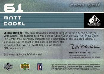 2003 SP Game Used #61 Matt Gogel Back