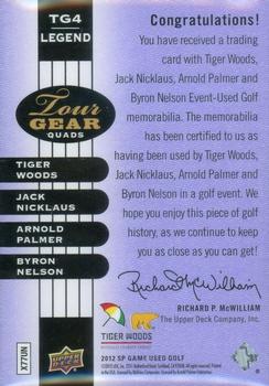 2012 SP Game Used - Tour Gear Quad Purple #TG4LEG Tiger Woods / Jack Nicklaus / Arnold Palmer / Byron Nelson Back