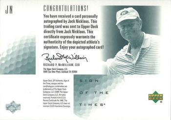 2001 SP Authentic - Sign of the Times #JN Jack Nicklaus Back