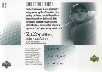2001 SP Authentic - Sign of the Times #RS Rory Sabbatini Back