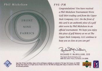 2002 SP Game Used - Front 9 Fabric #F9S-PM Phil Mickelson Back