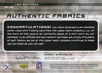 2003 SP Game Used - Authentic Fabrics Singles #AF-LM Len Mattiace Back