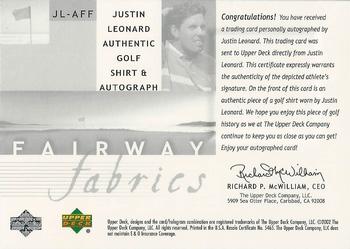 2002 Upper Deck - Fairway Fabrics Signatures Silver #JLAFF Justin Leonard Back