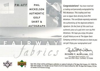 2002 Upper Deck - Fairway Fabrics Signatures Silver #PMAFF Phil Mickelson Back