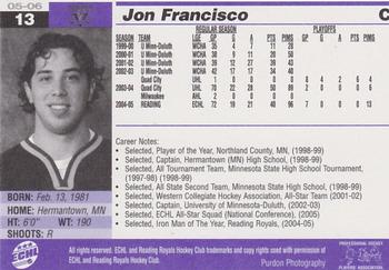 2005-06 Reading Royals (ECHL) #4 Jon Francisco Back