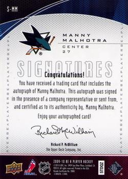2009-10 Upper Deck Be A Player - Signatures #S-MM Manny Malhotra Back