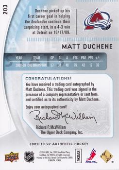2009-10 SP Authentic #203 Matt Duchene Back