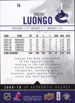 2009-10 SP Authentic #16 Roberto Luongo Back