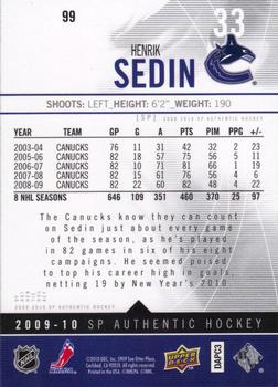 2009-10 SP Authentic #99 Henrik Sedin Back
