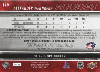 2014-15 SPx #149 Alexander Wennberg Back