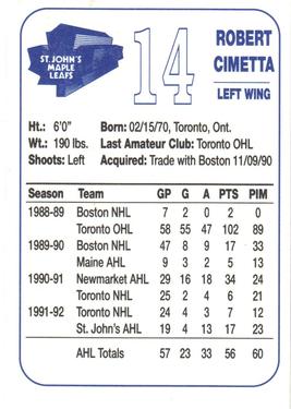 1992-93 St. John's Maple Leafs (AHL) #NNO Robert Cimetta Back
