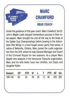 1992-93 St. John's Maple Leafs (AHL) #NNO Marc Crawford Back
