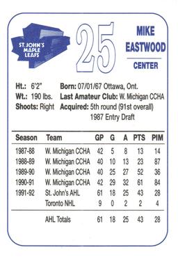 1992-93 St. John's Maple Leafs (AHL) #NNO Mike Eastwood Back