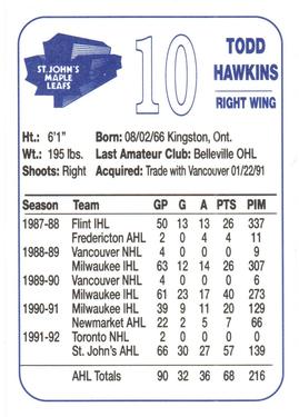 1992-93 St. John's Maple Leafs (AHL) #NNO Todd Hawkins Back