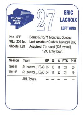 1992-93 St. John's Maple Leafs (AHL) #NNO Eric Lacroix Back