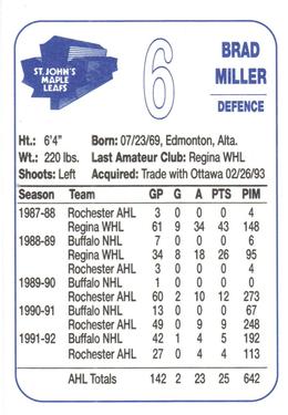 1992-93 St. John's Maple Leafs (AHL) #NNO Brad Miller Back