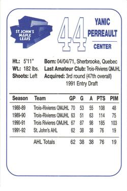 1992-93 St. John's Maple Leafs (AHL) #NNO Yanic Perreault Back