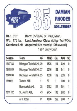 1992-93 St. John's Maple Leafs (AHL) #NNO Damian Rhodes Back