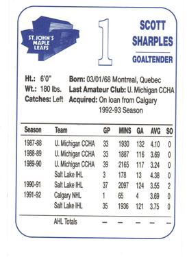 1992-93 St. John's Maple Leafs (AHL) #NNO Scott Sharples Back