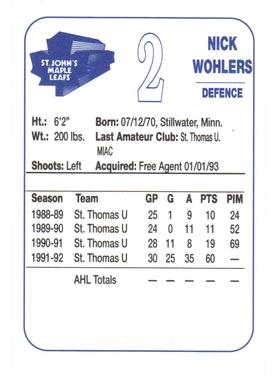 1992-93 St. John's Maple Leafs (AHL) #NNO Nick Wohlers Back