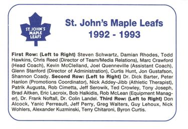 1992-93 St. John's Maple Leafs (AHL) #NNO Team Photo Back