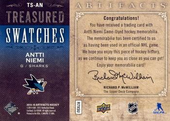 2014-15 Upper Deck Artifacts - Treasured Swatches Jerseys Blue #TS-AN Antti Niemi Back