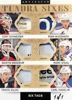 2014-15 Upper Deck Artifacts - Tundra Sixes Tags Black #T6-NJDNYR Cory Schneider / Martin Brodeur / Travis Zajac / Ryan McDonagh / Marc Staal / Carl Hagelin Front