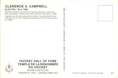 1983 Cartophilium Hockey Hall of Fame Postcards #A3 Clarence Campbell Back