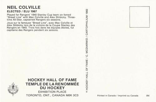 1983 Cartophilium Hockey Hall of Fame Postcards #A4 Neil Colville Back