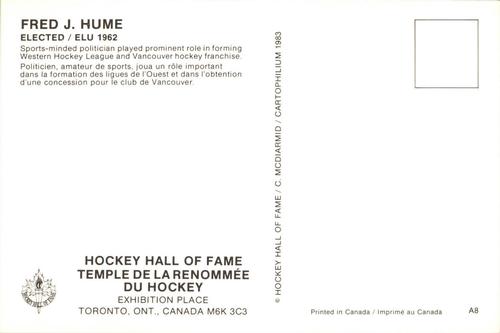 1983 Cartophilium Hockey Hall of Fame Postcards #A8 Fred Hume Back