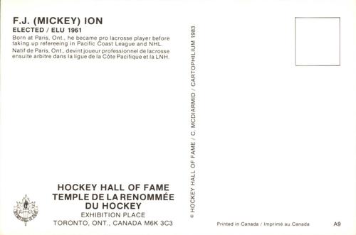 1983 Cartophilium Hockey Hall of Fame Postcards #A9 Mickey Ion Back