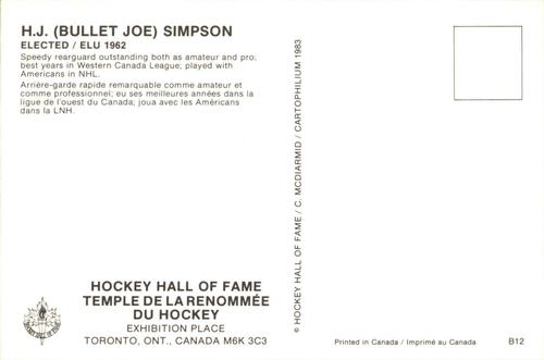 1983 Cartophilium Hockey Hall of Fame Postcards #B12 Bullet Joe Simpson Back