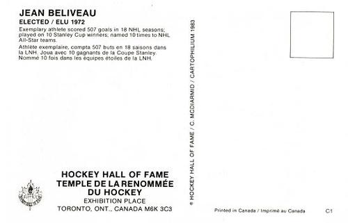 1983 Cartophilium Hockey Hall of Fame Postcards #C1 Jean Beliveau Back
