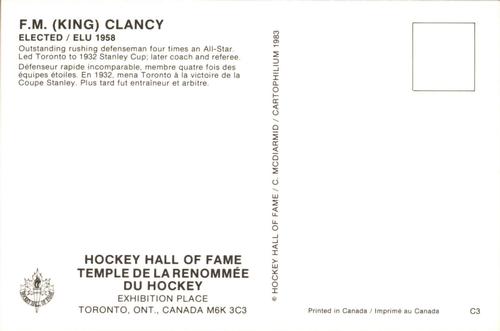 1983 Cartophilium Hockey Hall of Fame Postcards #C3 King Clancy Back