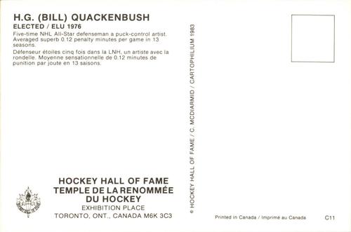 1983 Cartophilium Hockey Hall of Fame Postcards #C11 Bill Quackenbush Back