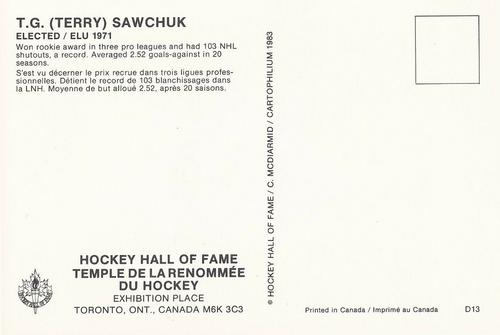 1983 Cartophilium Hockey Hall of Fame Postcards #D13 Terry Sawchuk Back