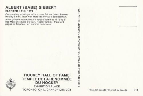 1983 Cartophilium Hockey Hall of Fame Postcards #D14 Babe Siebert Back