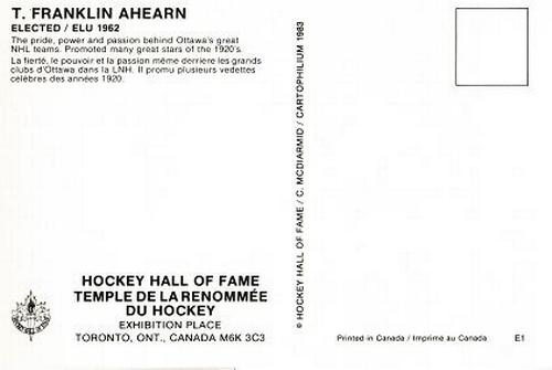 1983 Cartophilium Hockey Hall of Fame Postcards #E1 T. Franklin Ahearn Back