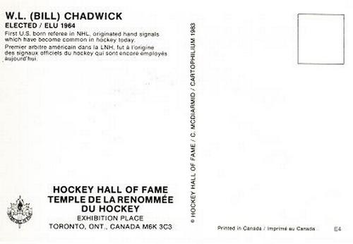 1983 Cartophilium Hockey Hall of Fame Postcards #E4 Bill Chadwick Back