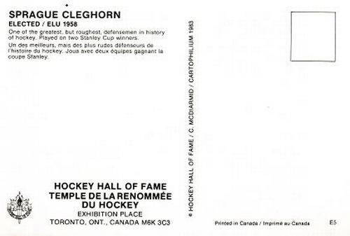 1983 Cartophilium Hockey Hall of Fame Postcards #E5 Sprague Cleghorn Back