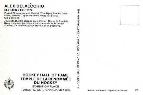 1983 Cartophilium Hockey Hall of Fame Postcards #E7 Alex Delvecchio Back