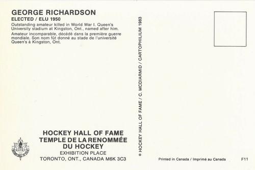 1983 Cartophilium Hockey Hall of Fame Postcards #F11 George Richardson Back