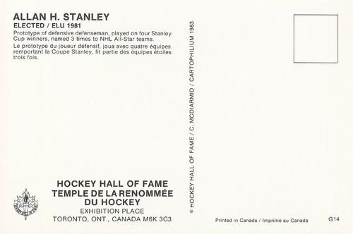1983 Cartophilium Hockey Hall of Fame Postcards #G14 Allan Stanley Back