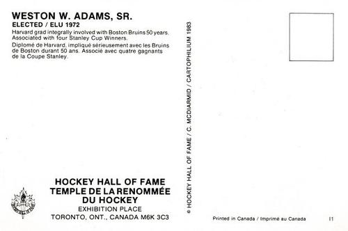 1983 Cartophilium Hockey Hall of Fame Postcards #I1 Weston W. Adams, SR. Back