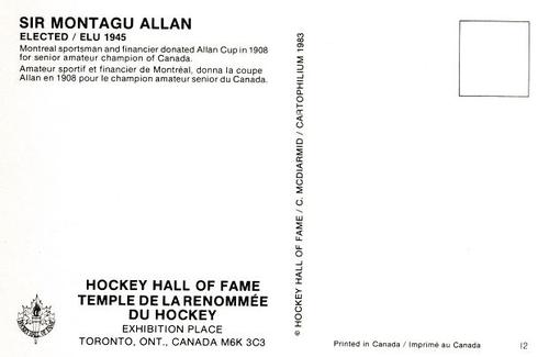 1983 Cartophilium Hockey Hall of Fame Postcards #I2 Sir Montagu Allan Back