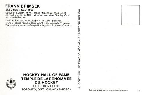 1983 Cartophilium Hockey Hall of Fame Postcards #I3 Frank Brimsek Back